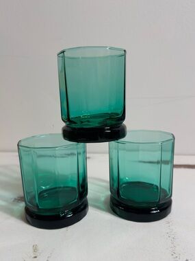 (3) Vintage Anchor Hocking "Essex" Green 10 sided Glass Tumblers 8oz Mid Century